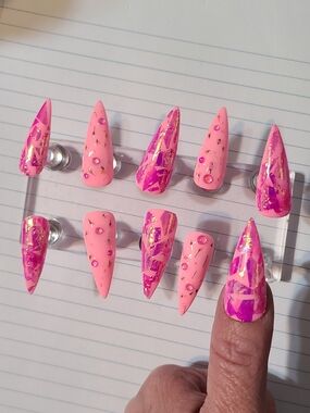 Pink Stiletto Press-On Nails with Gold Foil Accent